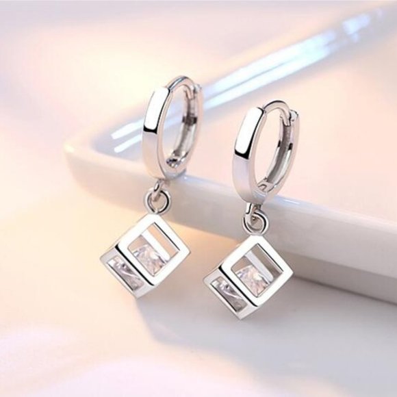 NEW Sterling Silver Diamond Cube Hoop Earrings - Picture 6 of 8
